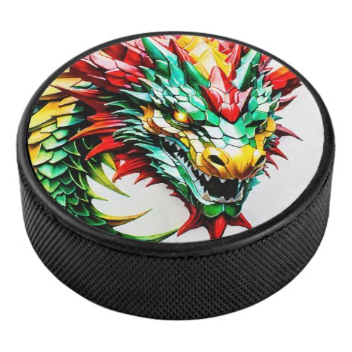 Fire breathing dragon red green and yellow scale hockey puck