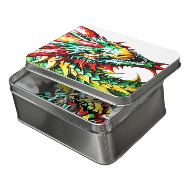 Fire breathing dragon red, green, and yellow scale jigsaw puzzle (Lid Open)