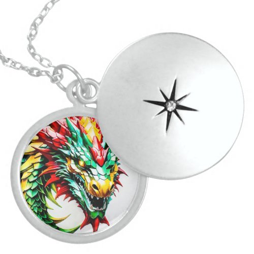 Fire breathing dragon red green and yellow scale locket necklace