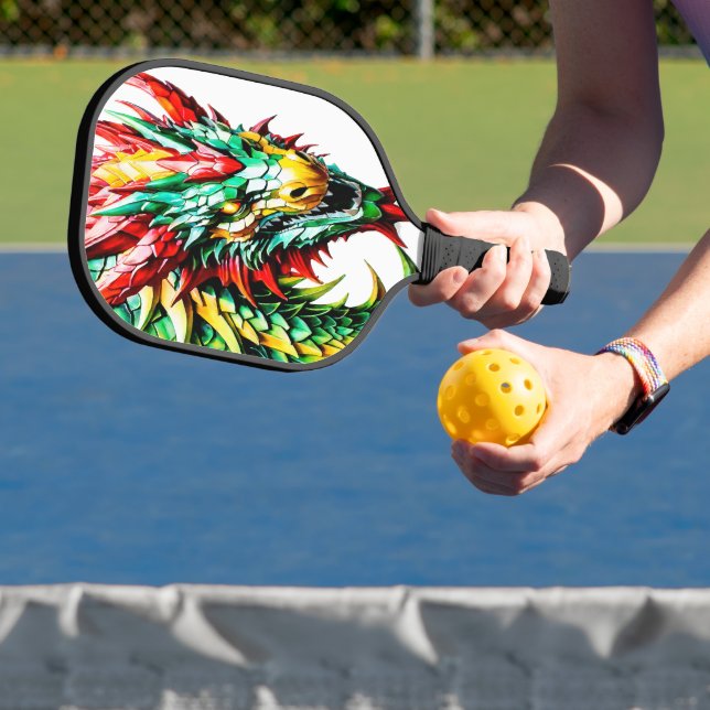 Fire breathing dragon red, green, and yellow scale pickleball paddle (Insitu)