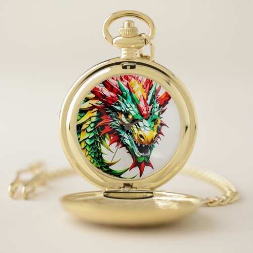 Fire breathing dragon red green and yellow scale pocket watch