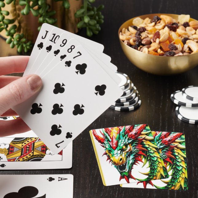Fire breathing dragon red, green, and yellow scale poker cards (In Situ)