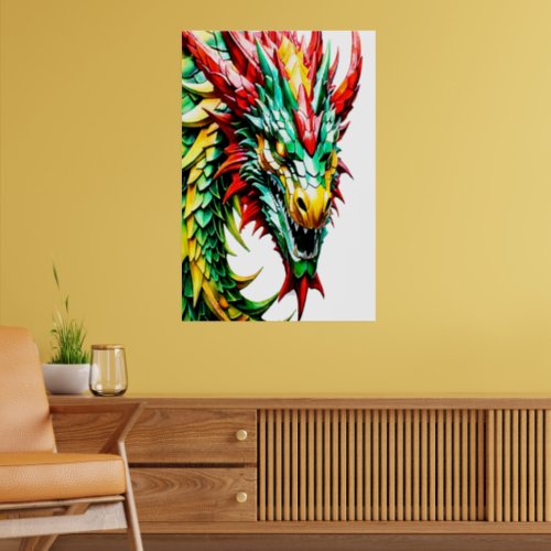 Fire breathing dragon red green and yellow scale poster