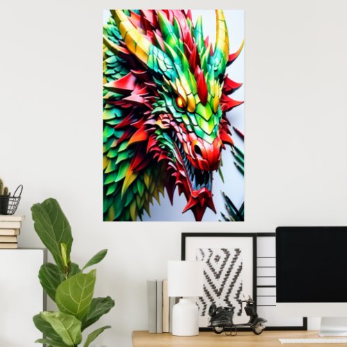 Fire breathing dragon red green and yellow scale poster