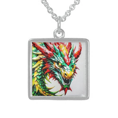 Fire breathing dragon red green and yellow scale sterling silver necklace