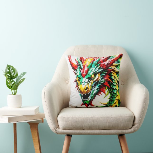Fire breathing dragon red, green, and yellow scale throw pillow (Chair)