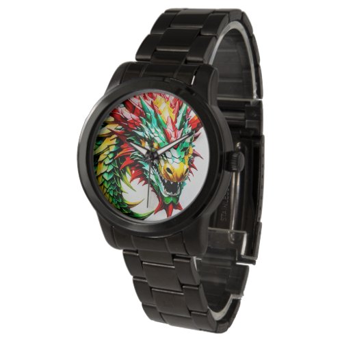 Fire breathing dragon red green and yellow scale watch