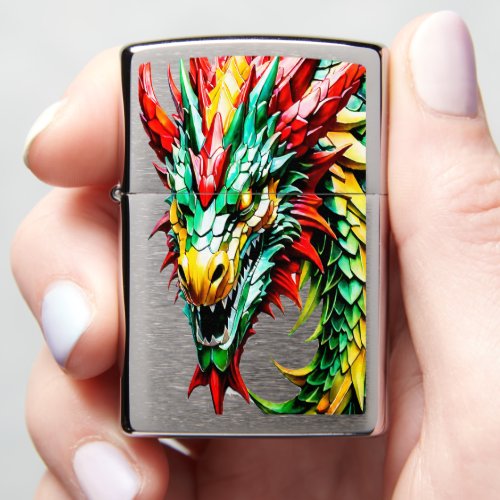 Fire breathing dragon red green and yellow scale zippo lighter