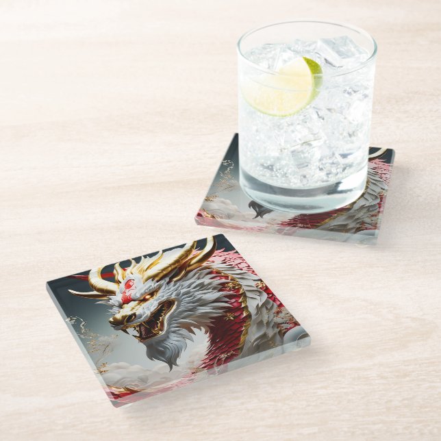Fire breathing dragon red white and gold scales glass coaster (Angled)