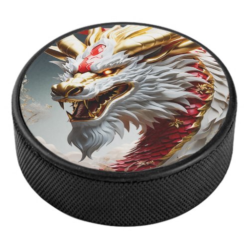 Fire breathing dragon red white and gold scales hockey puck