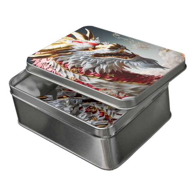 Fire breathing dragon red white and gold scales jigsaw puzzle (Lid Open)