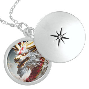 Fire breathing dragon red white and gold scales locket necklace