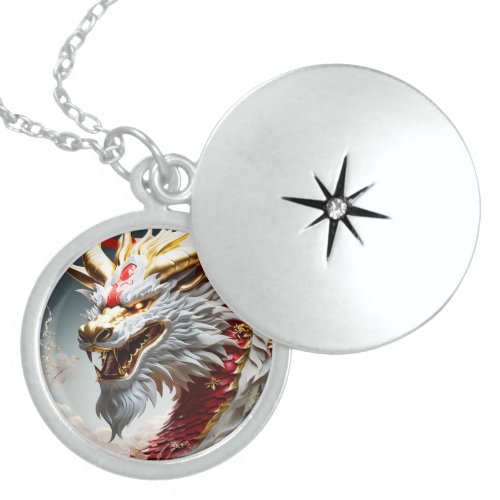 Fire breathing dragon red white and gold scales locket necklace