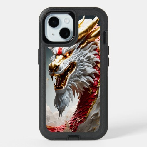 Fire breathing dragon red white and gold scales iPhone 15 case