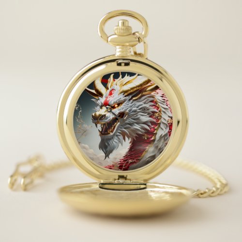 Fire breathing dragon red white and gold scales pocket watch