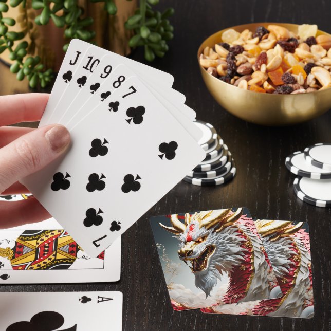 Fire breathing dragon red white and gold scales poker cards (In Situ)