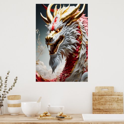 Fire breathing dragon red white and gold scales poster