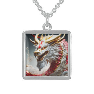 Fire breathing dragon red white and gold scales sterling silver necklace