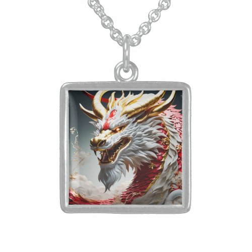 Fire breathing dragon red white and gold scales sterling silver necklace