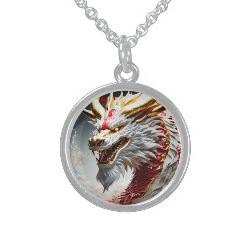Fire breathing dragon red white and gold scales sterling silver necklace