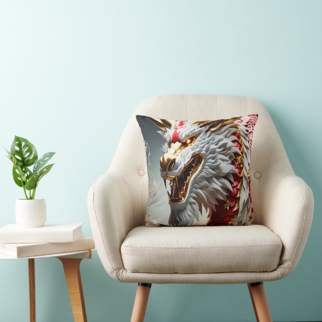 Fire breathing dragon red white and gold scales throw pillow (Chair)