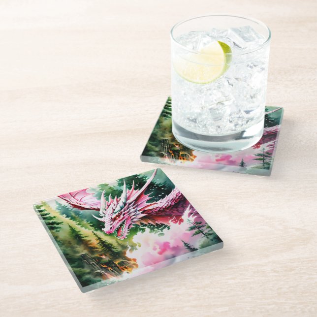 Fire breathing dragon vibrant pink scales glass coaster (Angled)