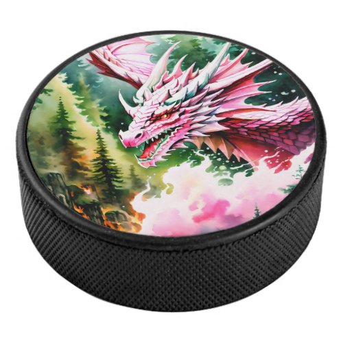 Fire breathing dragon vibrant pink scales hockey puck