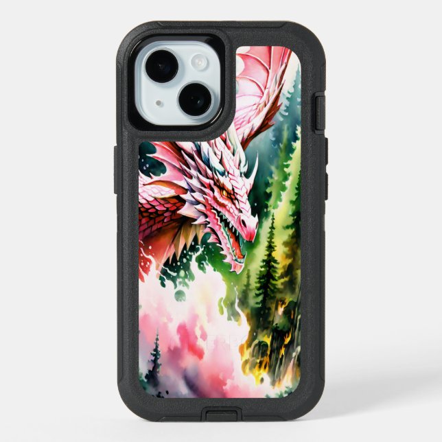 Fire breathing dragon vibrant pink scales iPhone 15 case (Back)