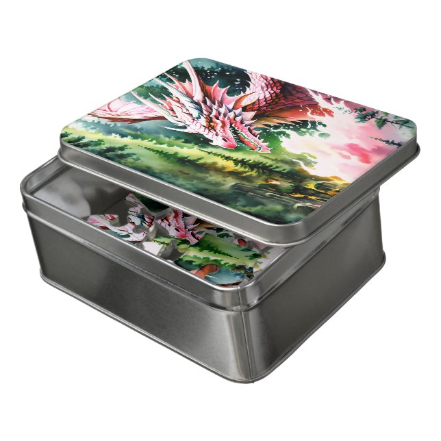 Fire breathing dragon vibrant pink scales jigsaw puzzle (Lid Open)