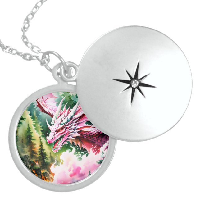 Fire breathing dragon vibrant pink scales locket necklace (Front)