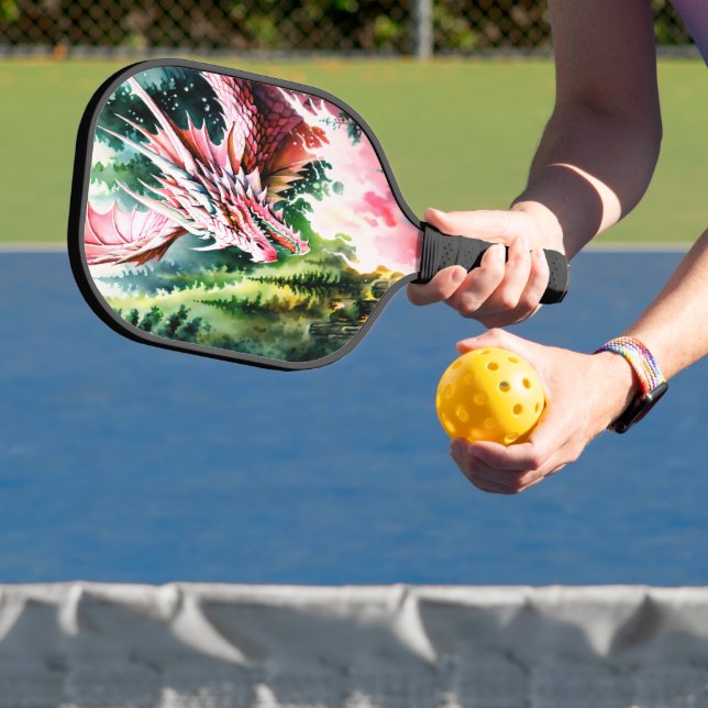 Fire breathing dragon vibrant pink scales pickleball paddle (Insitu)