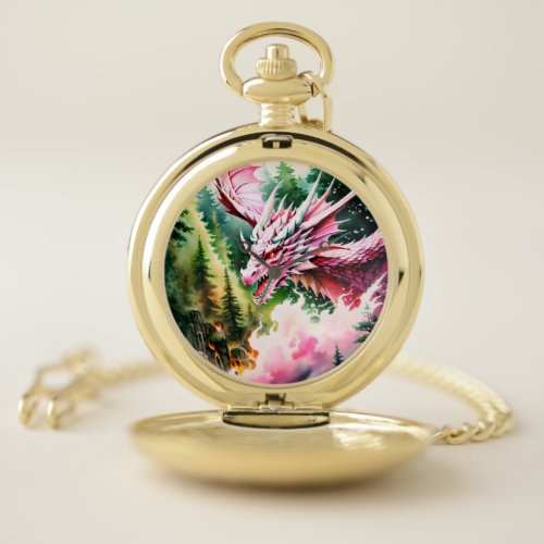 Fire breathing dragon vibrant pink scales pocket watch