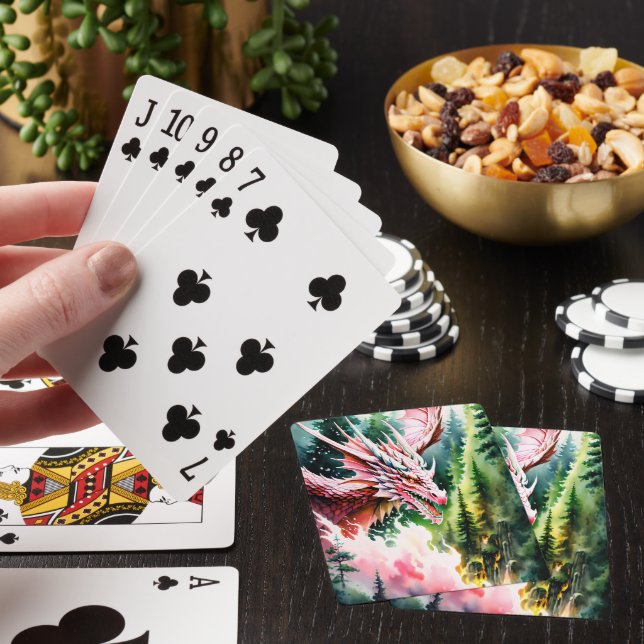 Fire breathing dragon vibrant pink scales poker cards (In Situ)