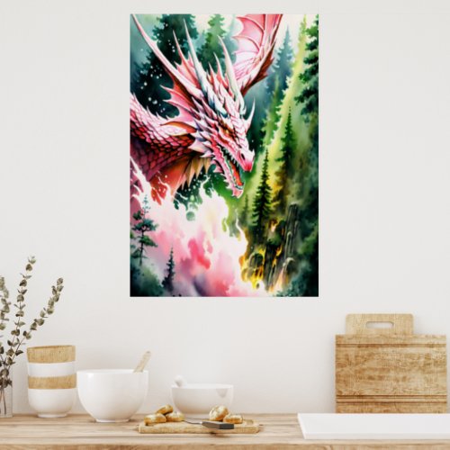Fire breathing dragon vibrant pink scales poster