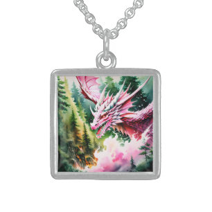 Fire breathing dragon vibrant pink scales sterling silver necklace