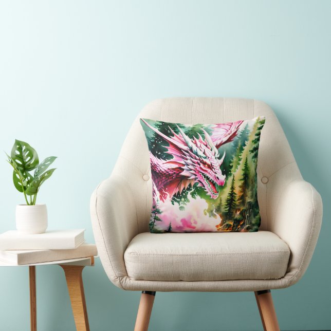 Fire breathing dragon vibrant pink scales throw pillow (Chair)