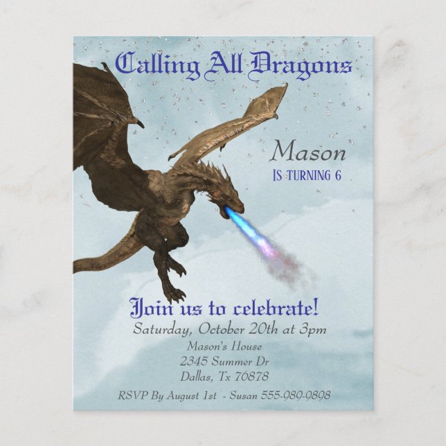 Fire Breathing Dragon Wyvern Birthday Budget Flyer (Front)