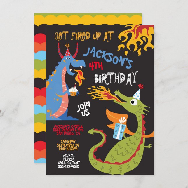 Fire breathing Dragons Birthday Party Invitation (Front/Back)