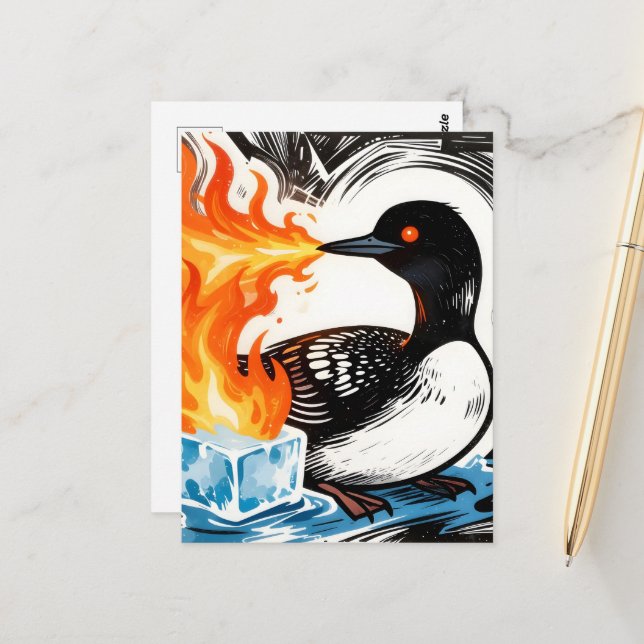 Fire Breathing Loon Melting Ice Postcard (Front/Back In Situ)