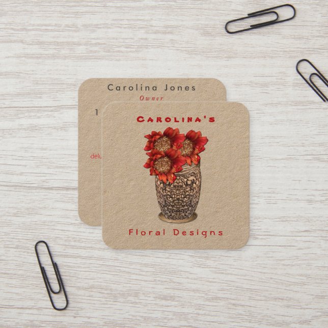 Fire Brick Flora Vase Square Business Card (Front/Back In Situ)