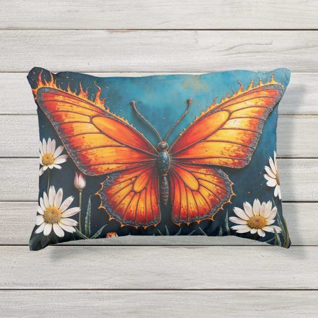 Fire butterfly surreal artwork chamomile nature outdoor pillow (Front)