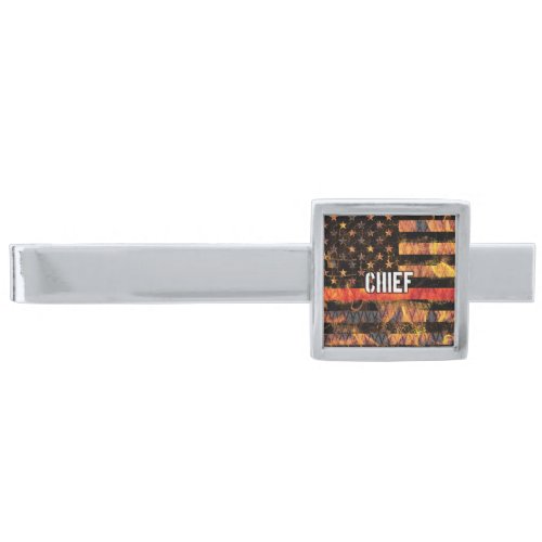 Fire Chief Firefighter Flag Silver Finish Tie Bar