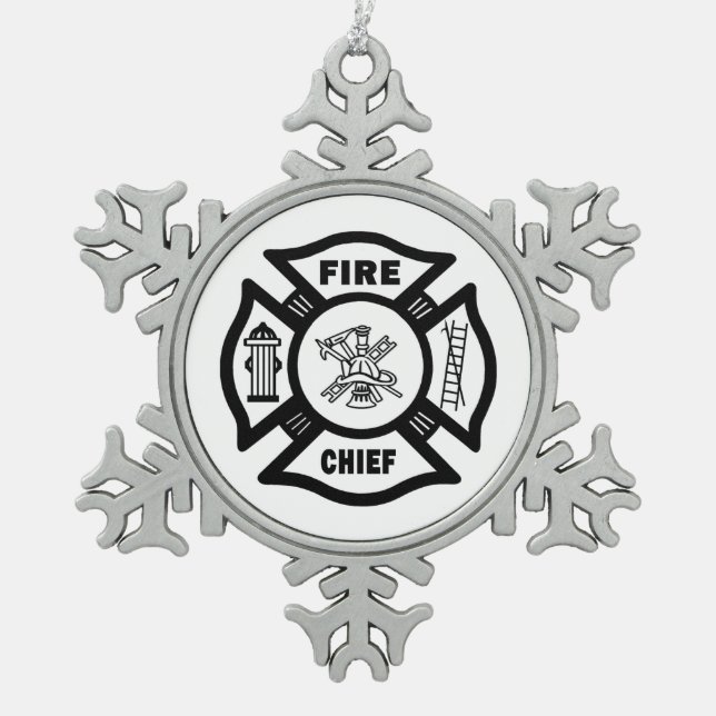 Fire Chief Snowflake Pewter Christmas Ornament (Front)
