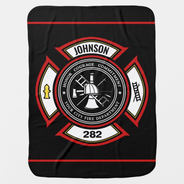 Fire Department ADD NAME Firefighter Badge Rescue Baby Blanket (Front)