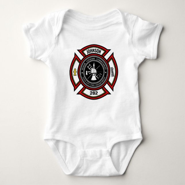 Fire Department ADD NAME Firefighter Badge Rescue Baby Bodysuit (Front)