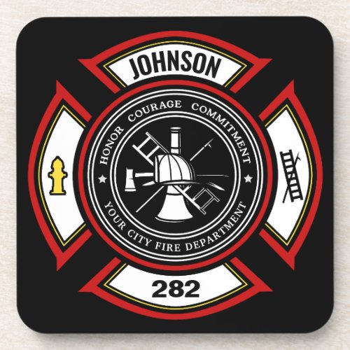 Fire Department ADD NAME Firefighter Badge Rescue Beverage Coaster