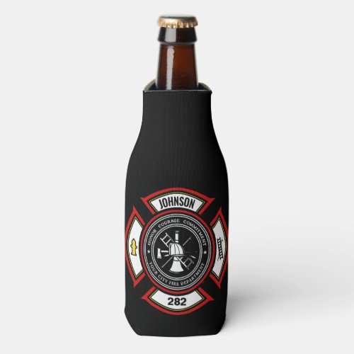 Fire Department ADD NAME Firefighter Badge Rescue Bottle Cooler