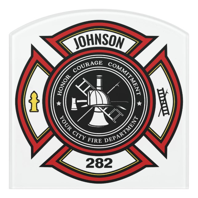 Fire Department ADD NAME Firefighter Badge Rescue Door Sign (Contour Front)