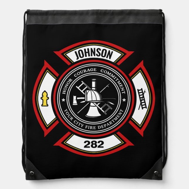 Fire Department ADD NAME Firefighter Badge Rescue Drawstring Bag (Front)