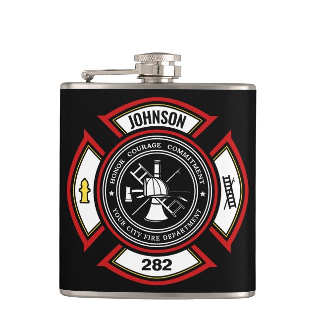 Fire Department ADD NAME Firefighter Badge Rescue Flask (Front)